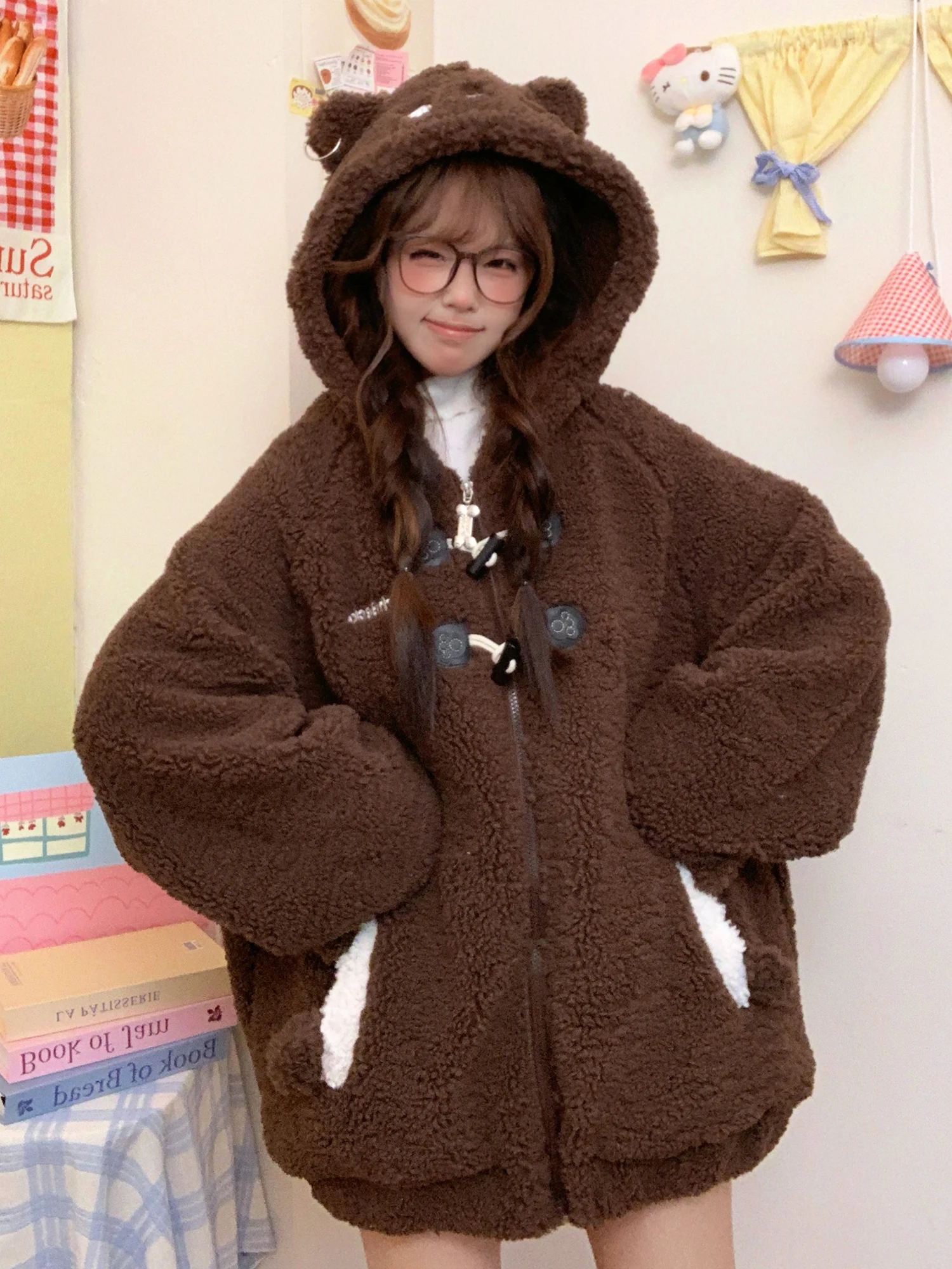 2025 Winter Women's Cute Bunny Ear White Lamb Wool Cotton Coat Loose Brown Zipper Horn Button Hooded Cotton Jacket