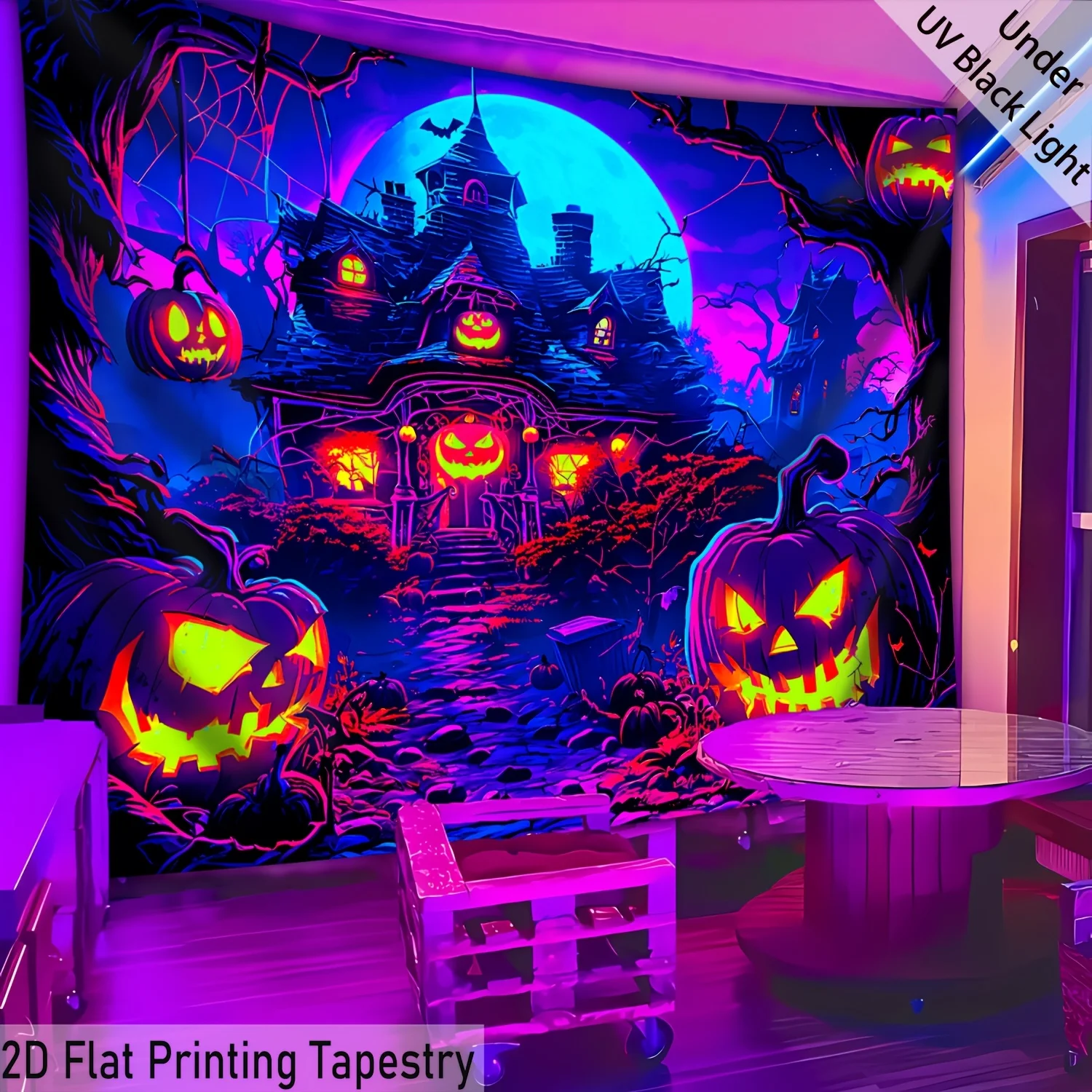VIKAMA Halloween Tapestry Spooky Pumpkin House Glow-in-the-Dark Tapestry Halloween Party Decor Wall Hanging Home Decor