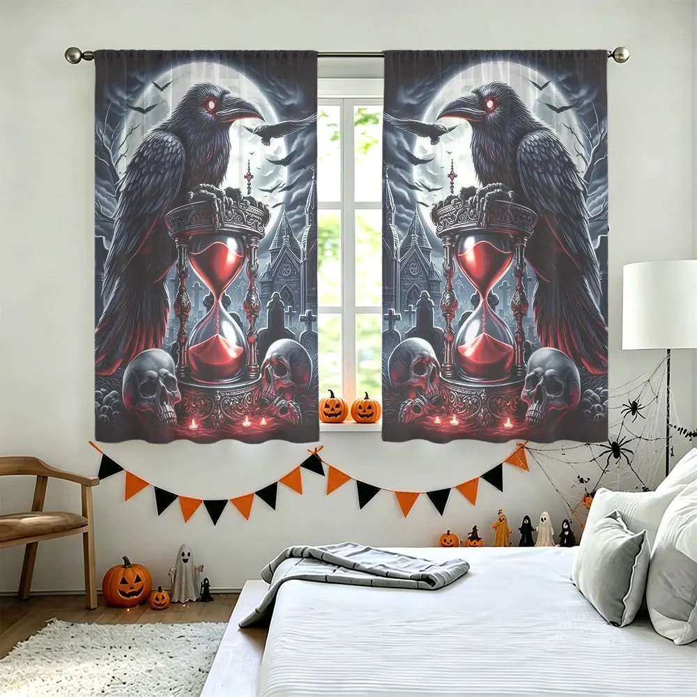 2pcs Gothic Raven Skull Sandglass Print Rod Pocket Curtains, Light Blocking Privacy Window Drapes For Living Room Bedroom Hom