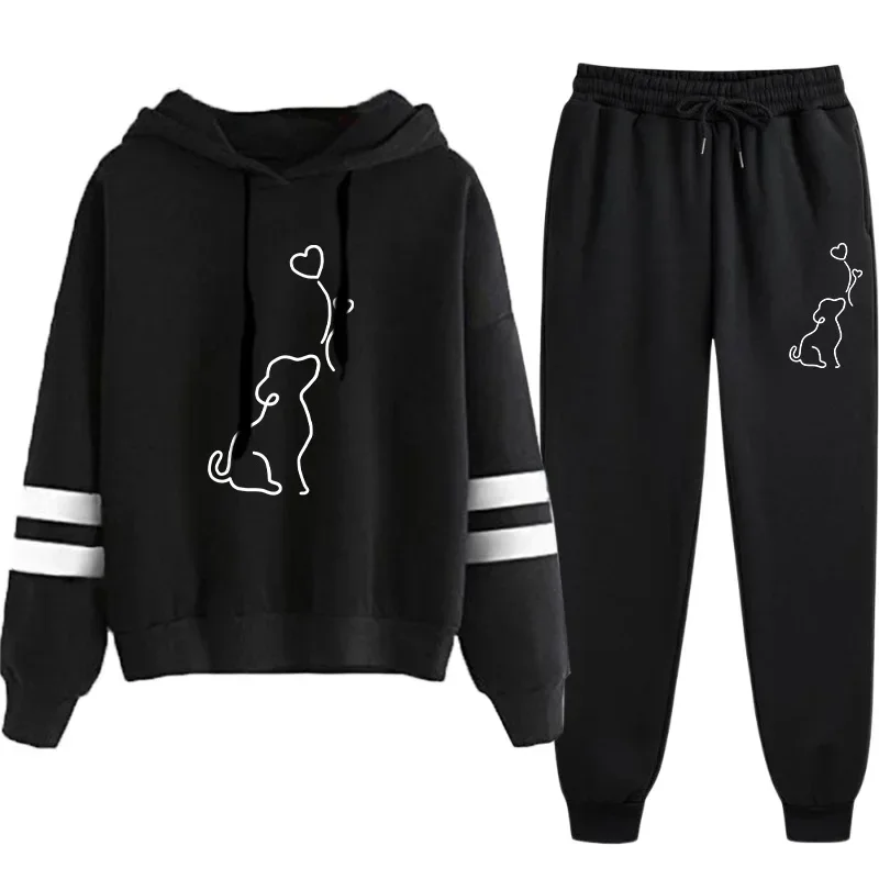2026 Hot Sale Womens Tracksuit Hooded Sweatshirt Black Sweatpant Urban Casual Fashion Sportswear Cute Pattern Hoodie Jogger Set