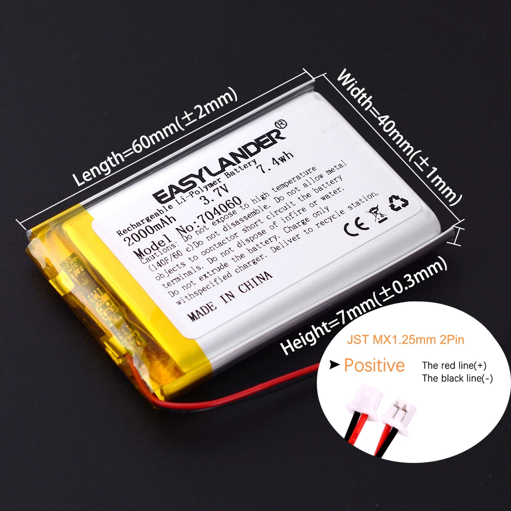 MX1.25mm 2Pin 3.7V 2000mAh 704060 Lithium Li-ion Lipo Polymer Battery 304060 404060 504060 604060 104060 804060 904060