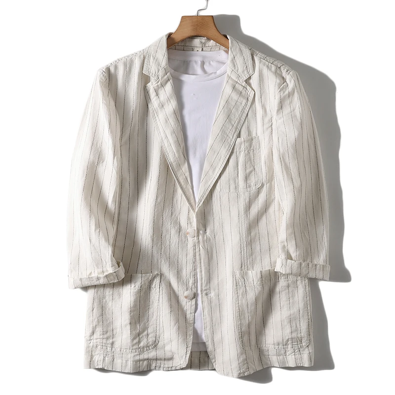 

Мужской свободный и дышащий стильный льняной летний костюм с короткими рукавами и вертикальными полосками