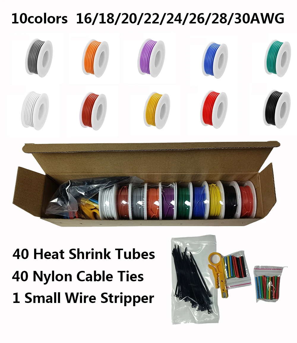 10 couleurs dans une boîte 16-18-20-22-24-26-28-30 AWG fil électrique en Silicone toronné cuivre étamé Kit de fil de connexion avec outils