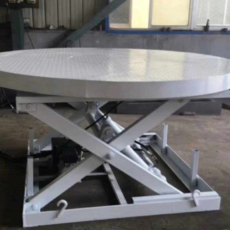 Rotating exhibition stand, supplying scissor-type electro-hydraulic lifting stage