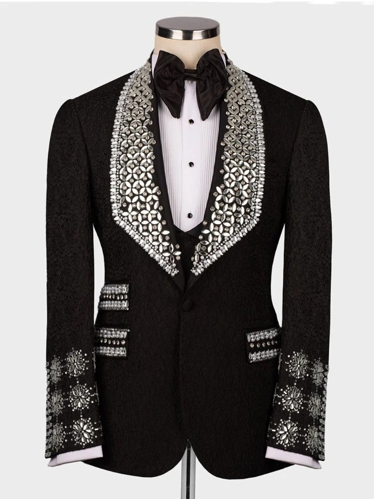 Luxury  Beads Diamonds Sparkly2 Pieces Blazer Vest Men Suits One Button Wide Lapel Formal Prom Wedding Groom Plus Size  Tailored