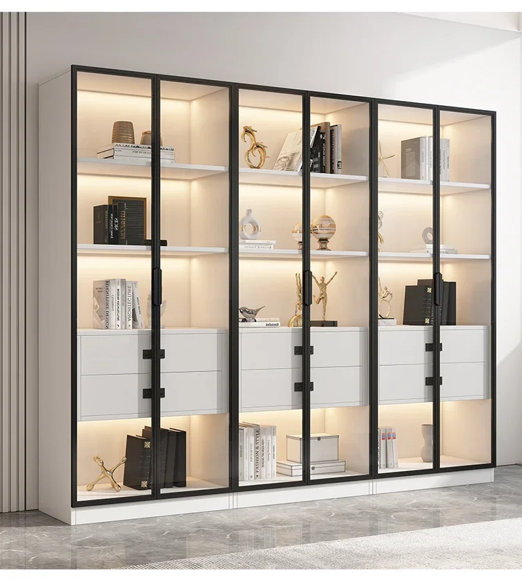 Bookcase with glass door display cabinet, high-end light luxury customized household living room integrated, the whole wall is f