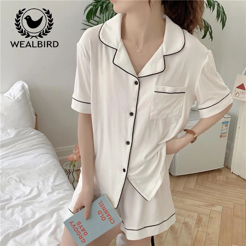 WEALBIRD short sleeve shorts cardigan pajamas women summer home wear two-piece set to wear summer suit summer