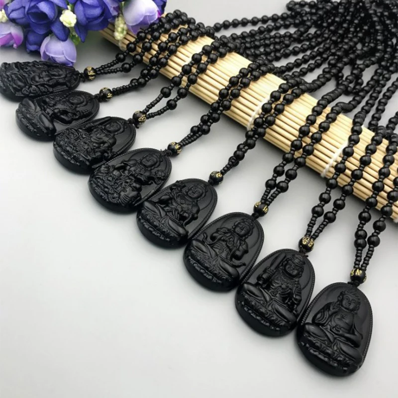 Obsidian Stone Buddha Beads Chain Necklace Imitate Jade Buddhism Bodhisattva Amulet Talisman Jewelry For Women Men Protect Lucky