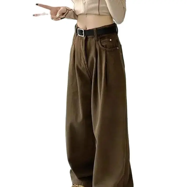 Brown High-Waisted Denim Wide-Leg Pants For Autumn New Style Straight-Leg Loose-Fitting Floor-Length Mopping Pants Women