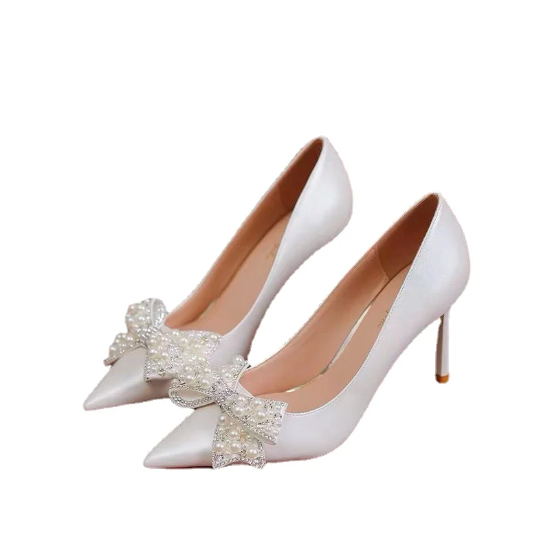 2024 New Fashion Pointed Toe High Heels Women\'s Stiletto White Pearl Bridal Wedding Shoes Banquet Party Shoes shoes for women