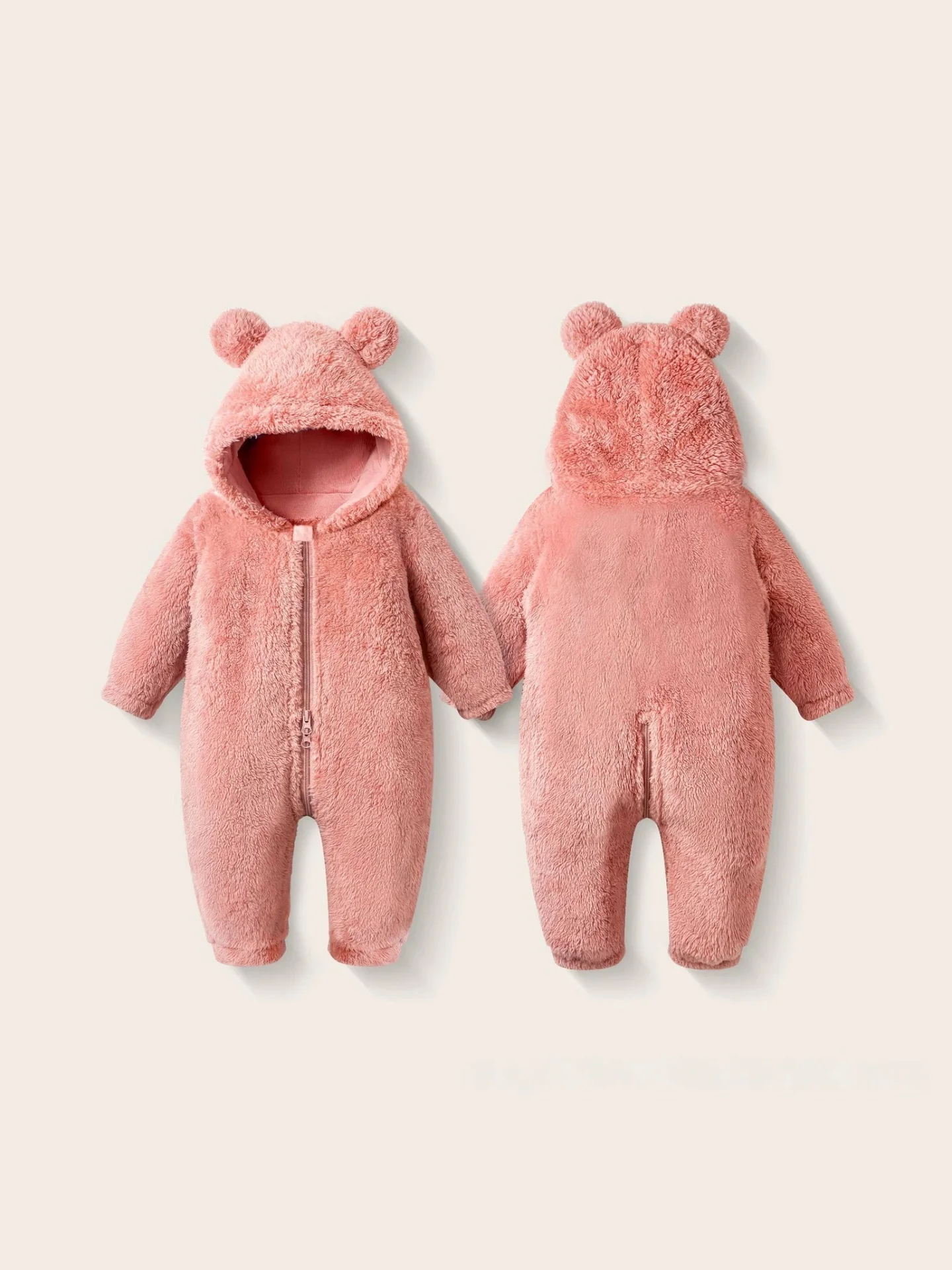2026 Autumn Winter Infant Fleece Hooded Rompers Warm Solid Fluffy Bear Ears Jumpsuit 0-24M Baby Zipper Outdoor Snowsuit