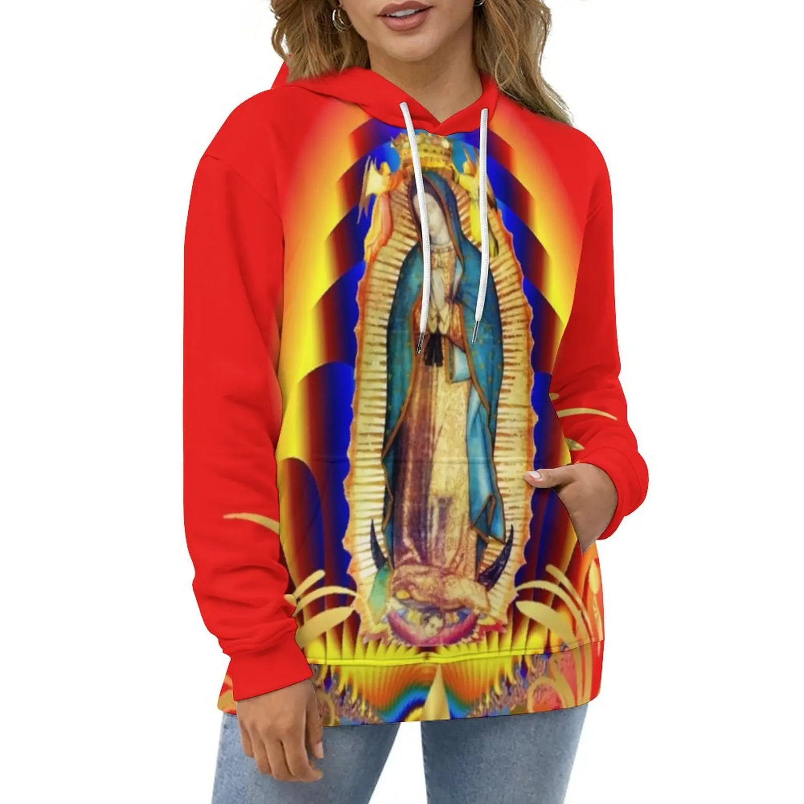 

Virgen Virgin Casual Hoodies Our Lady of Guadalupe Pullover Hoodie Womens Long-Sleeve Classic Graphic Loose Oversize Clothing