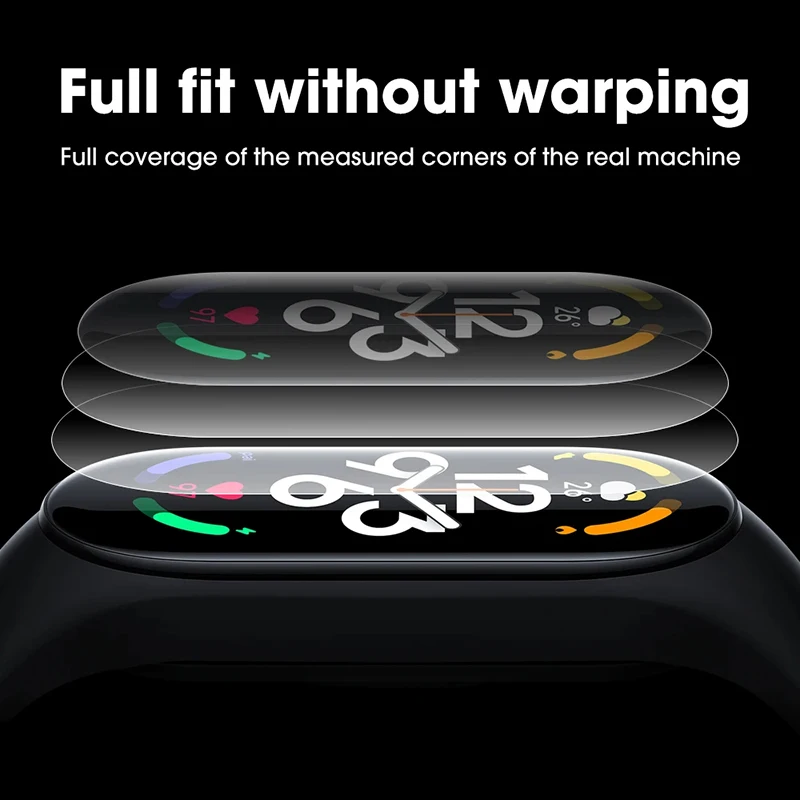 9Dโค้งHydrogelฟิล์มสําหรับXiaomi Mi Band 8 7 Proแบบเต็มหน้าจอสําหรับMiBand 8 7 6 5 4 3นุ่มป้องกันฟิล์มอุปกรณ์เสริม