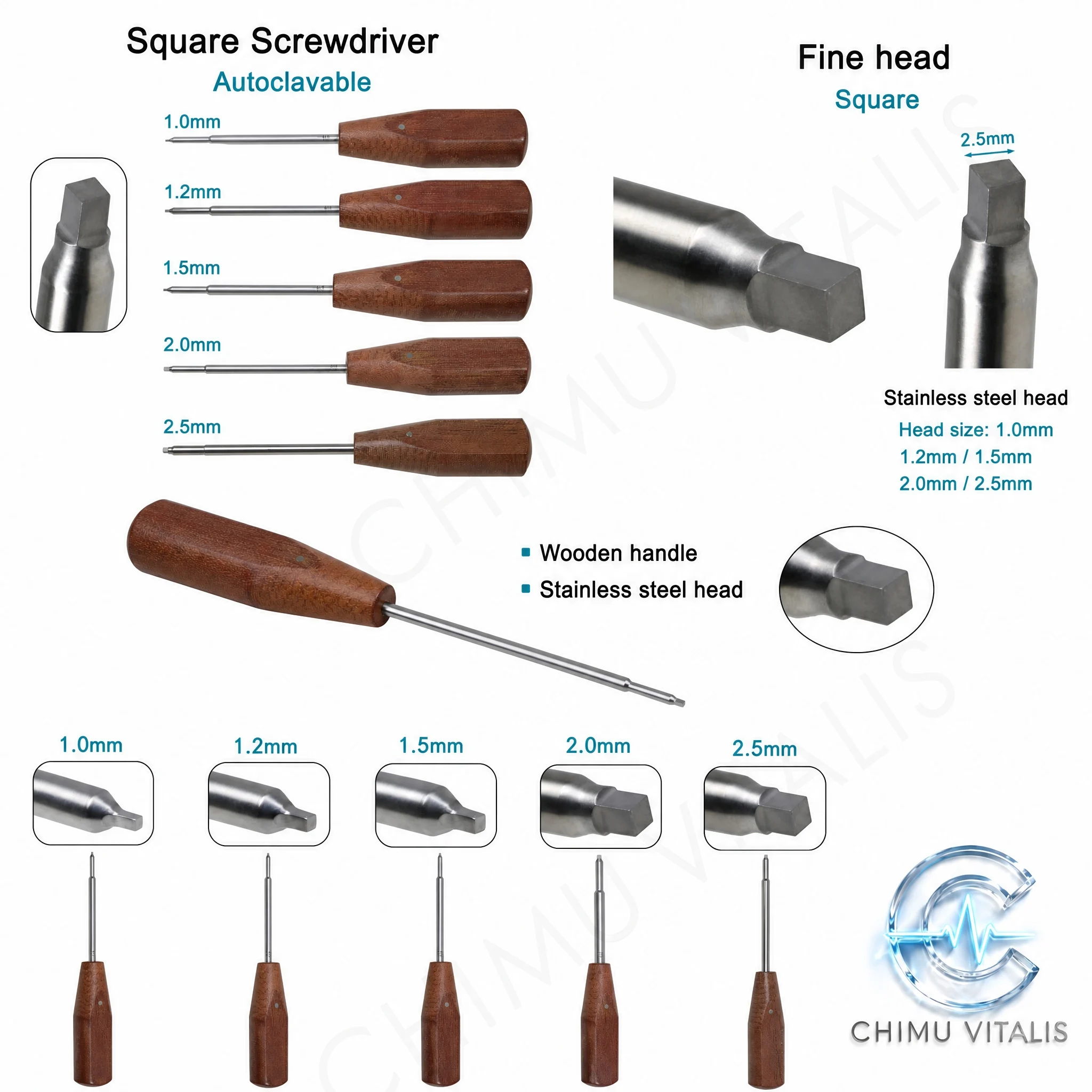 【CHIMU VITALIS】Precision Flat Head Screwdriver Stainless Steel Shank Wooden Handle 1.0mm 1.2mm 1.5mm 2.0mm 2.5mm