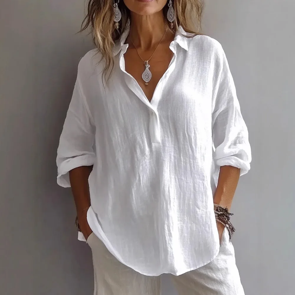 

2025 Simple Style Single Pullover Shirt Women Lapel Button Decoration Blouse Female Solid Color Casual Loose Tops Summer Blusas