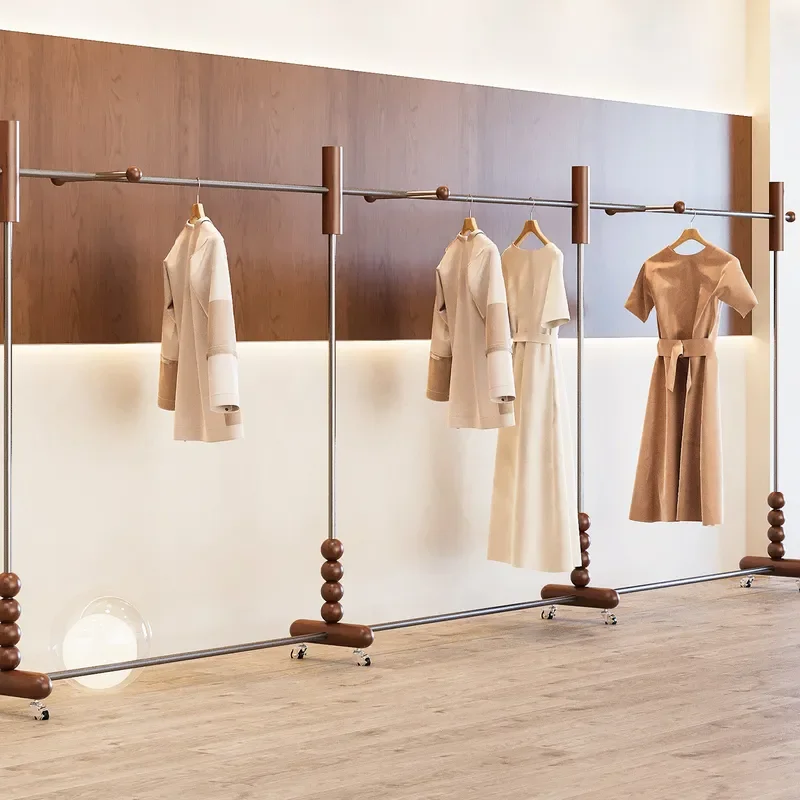Stainless Steel Front Hanging Movable Shelf Clothing Store Floor Hanger High End Clothes Display Rack for Women's Clothing