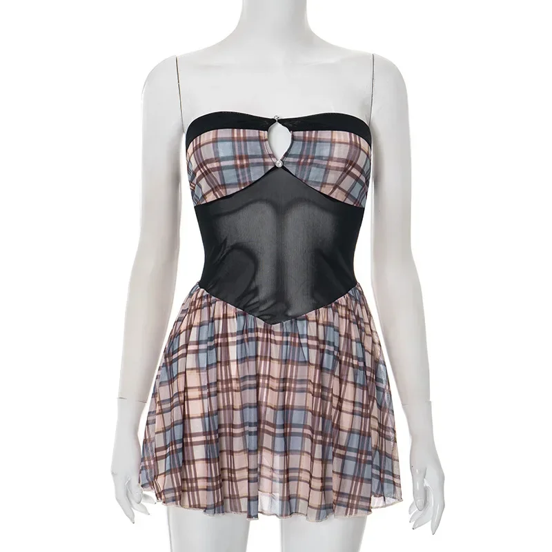 ผู้หญิงเซ็กซี่Hollow Out Strapless Sheerตาข่ายPatchworkลายสก๊อตชุดมินิBacklessจีบปาร์ตี้Clubwear Y2K Casual Streetwear