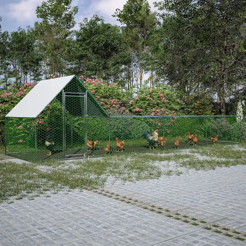 

Spacious 26x6.7T Metal Chicken Coop with Galvanized Wire, Waterproof & UV-Resistant Cover, Secure Door for Hens, Rabbits, Ducks