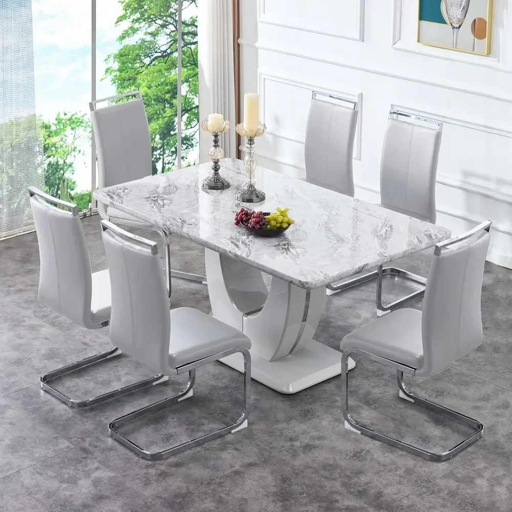 

63" Morden Faux Marble Dining Room Table Set,Big Kitchen Dining Table for 6-8 with MDF Base,7 Piece Rectangle Dining Table Set