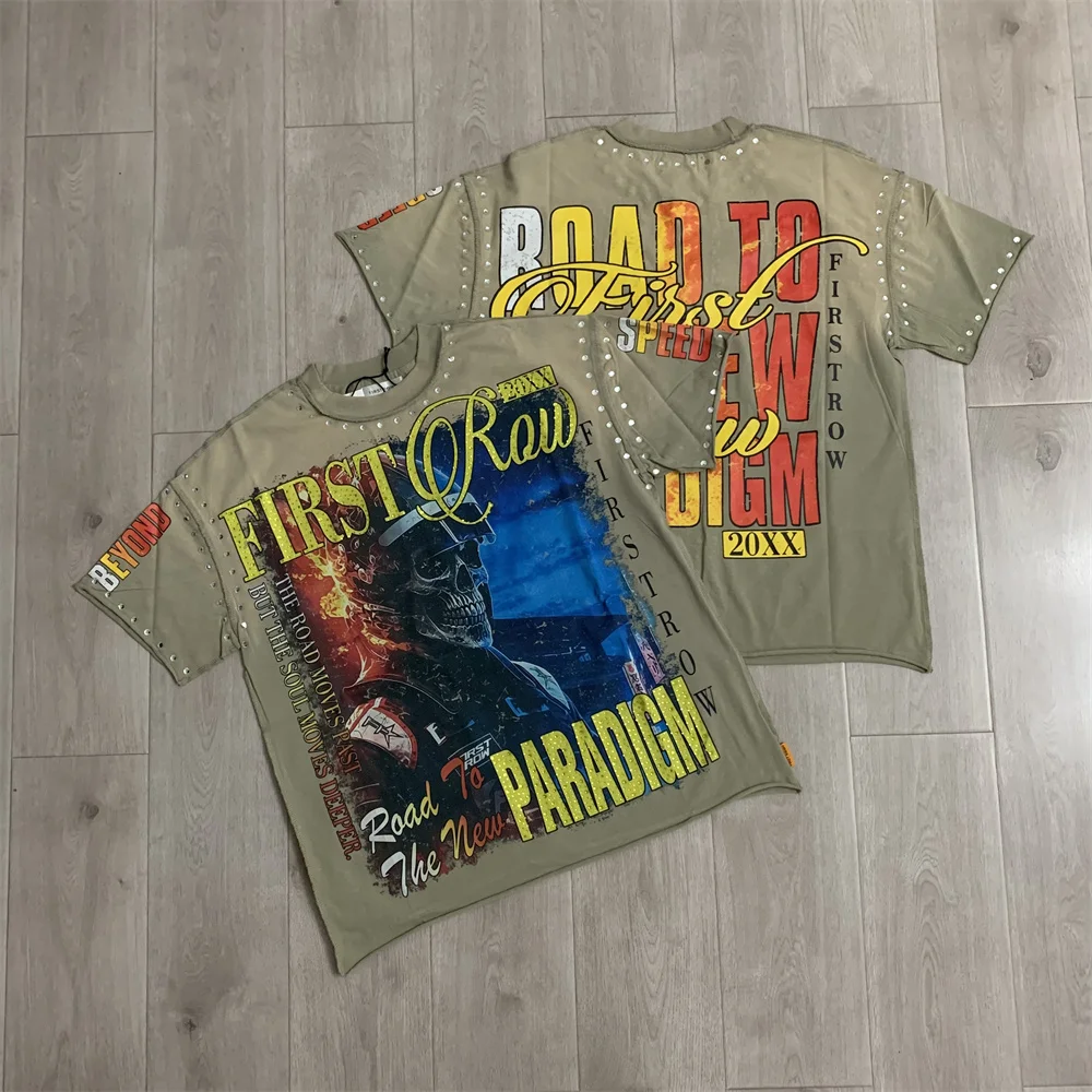 New FIRST ROW Shinning Bling Diamond Logo Print T-Shirts Men Women Fashion Street Retro Wash Letters Rhinestone Loose Casual Tee
