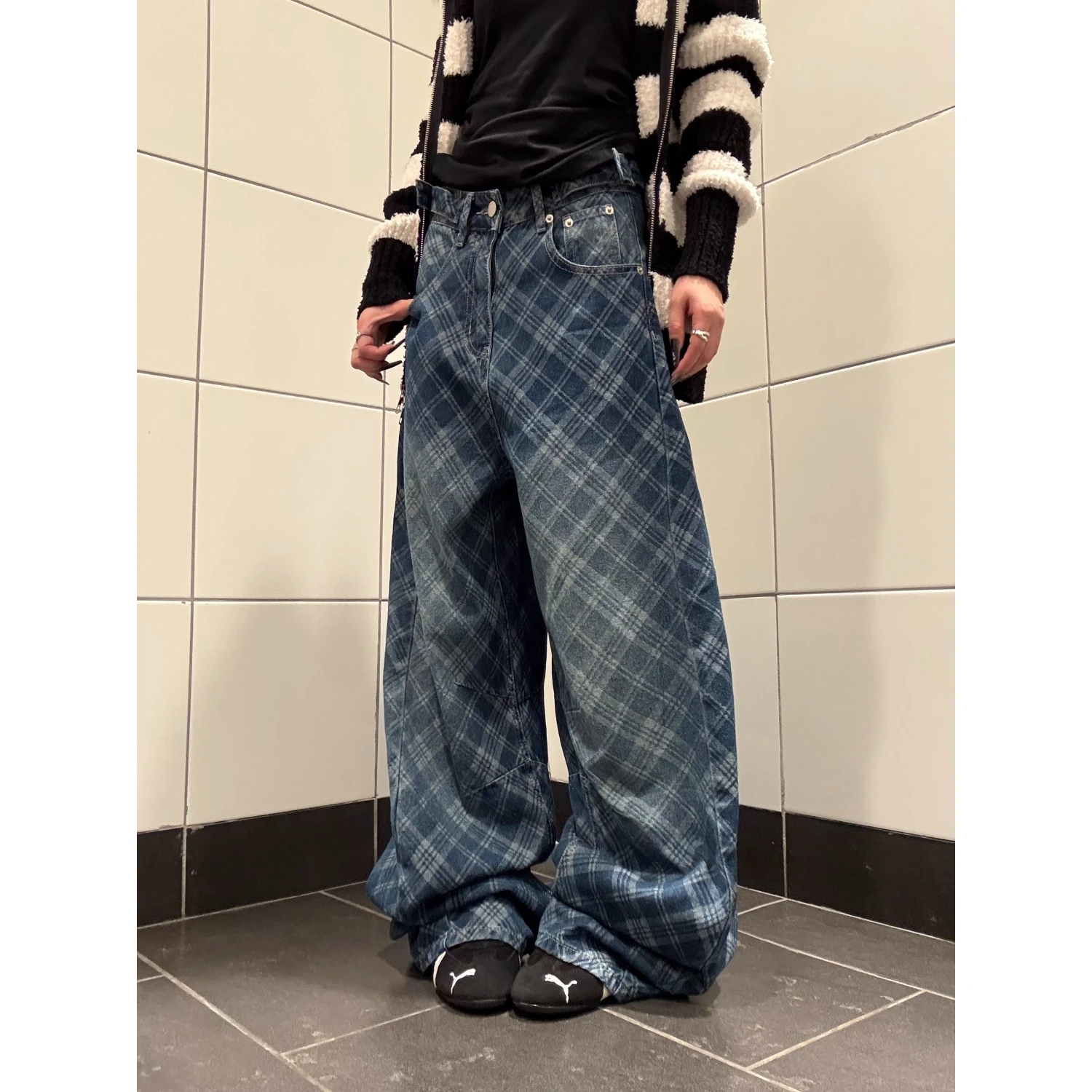 

Джинсы в клетку в американском стиле в стиле ретро, мужские свободные прямые повседневные широкие длинные брюки, износостойкая повседневная одежда, полиэфирная ткань