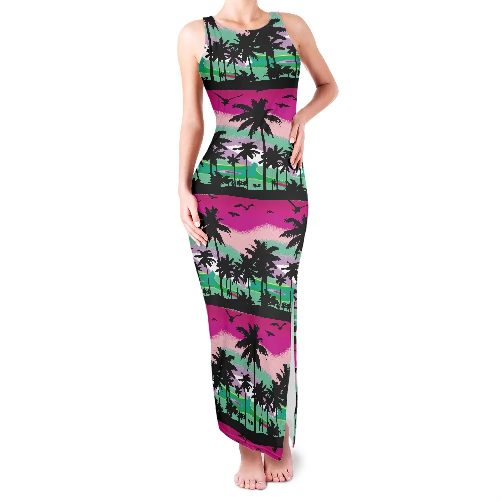 Women Summer Sexy Dress Flowers And Plants Printing Coconut Tree Dress Sleeveless Round Neck Slit Vest Long Skirt Casual Style