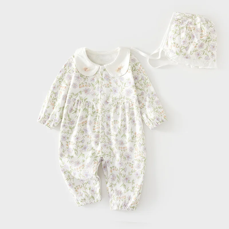 Baby onesie, newborn boneless spring and autumn pure cotton Romper, free hat, infant and toddler children's climbing clothes