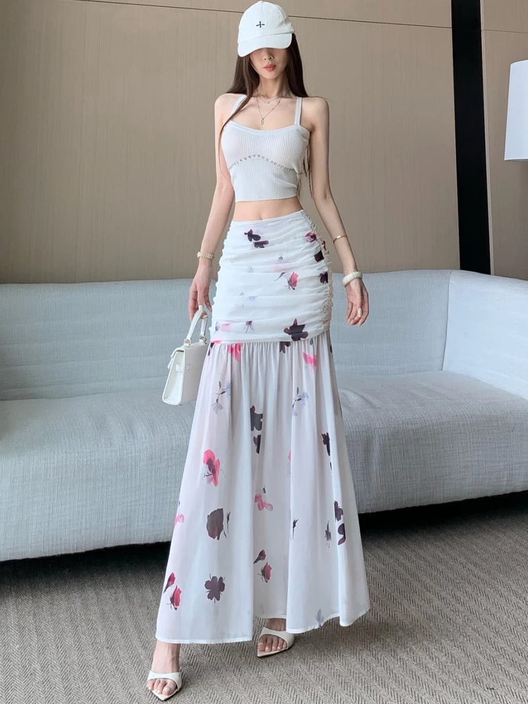Women High Waist Slim Long Skirt 2025 New Spring Summer  High Quality Print Sweet Folds Wrapped Buttocks Mermaid Skirt