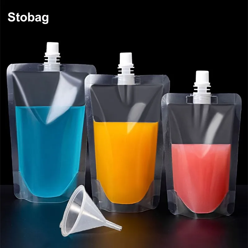 StoBag 100pcs Transparent Liquid Packaging Nozzle Bags Drinking Clear Juice Beverage Milk Sealed Storage Plastic Reusable Pouch