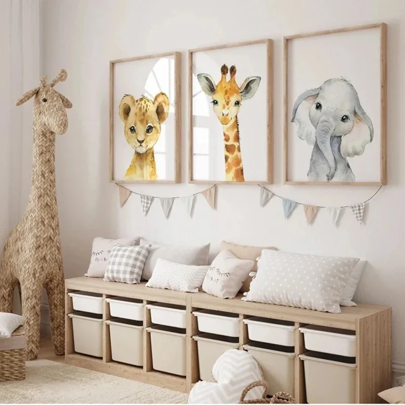 Modern Zoo Elephant Giraffe Canvas Prints Set of Three Animal Wall Art Poster Picture for Children\'s Room Bedroom Decor Cuadros