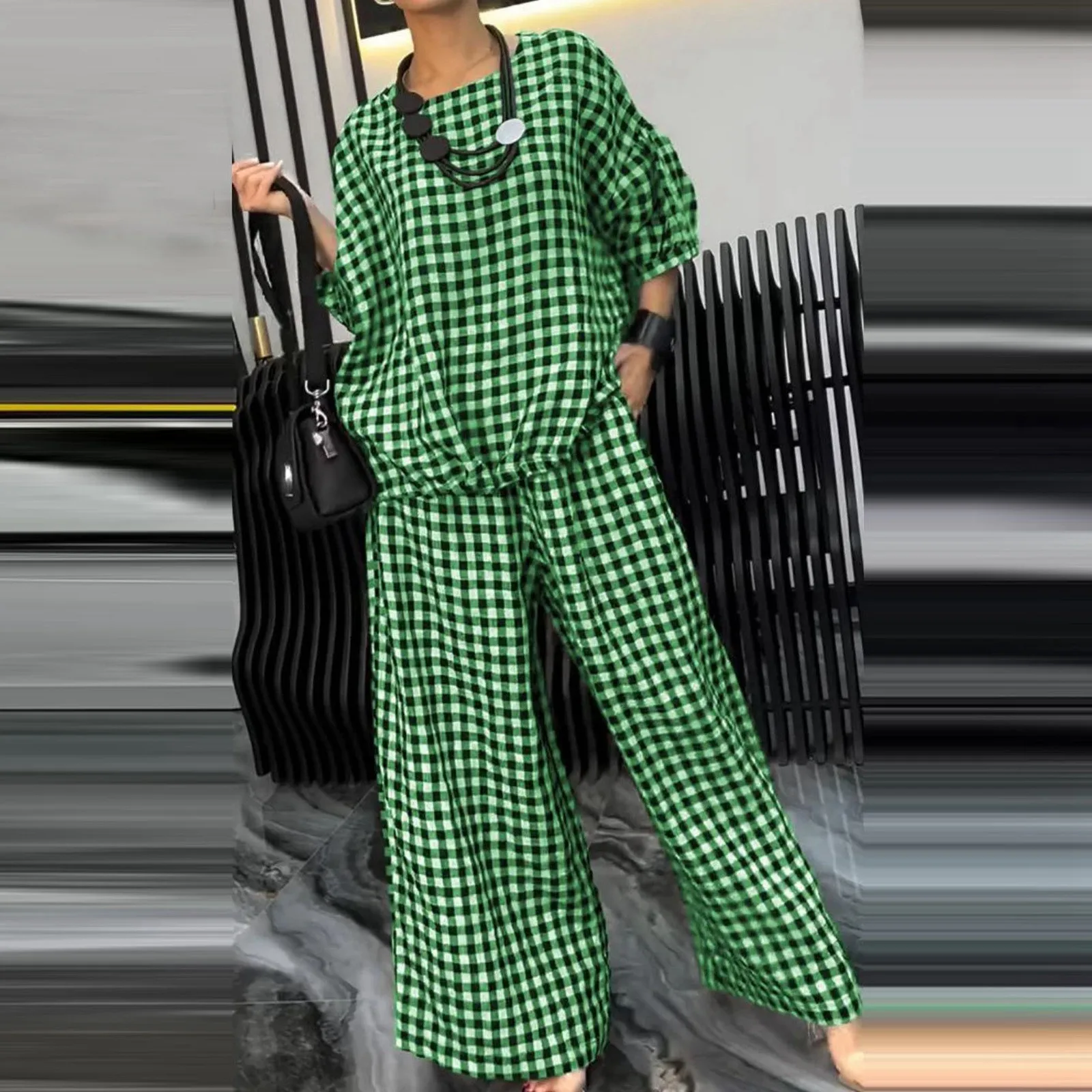 

Women's Casual Plaid Trousers Set Ladies Loose Round Neck Mid Sleeve Acorn Behind Drawstring Button Wide Leg Pants Two Piece Set