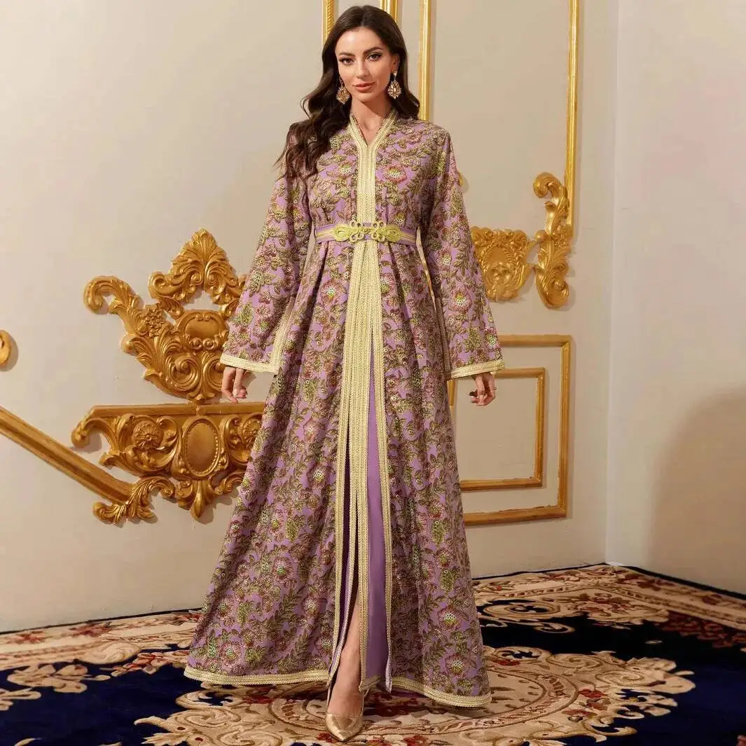 

Женское арабское вечернее платье-роба из Дубая, длинное платье с поясом, длинными рукавами и принтом, женское платье-абайя, роскошное исламское элегантное платье для Рамадана из Дубая