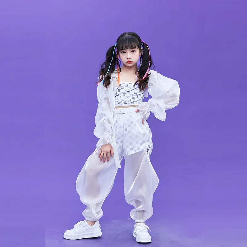 Girls Fashion White Hip Hop Clothing Puffy Long Sleeve Top Crop Tank Shorts Pants Skirt for Kids Jazz Dance Costumes Clothes Set