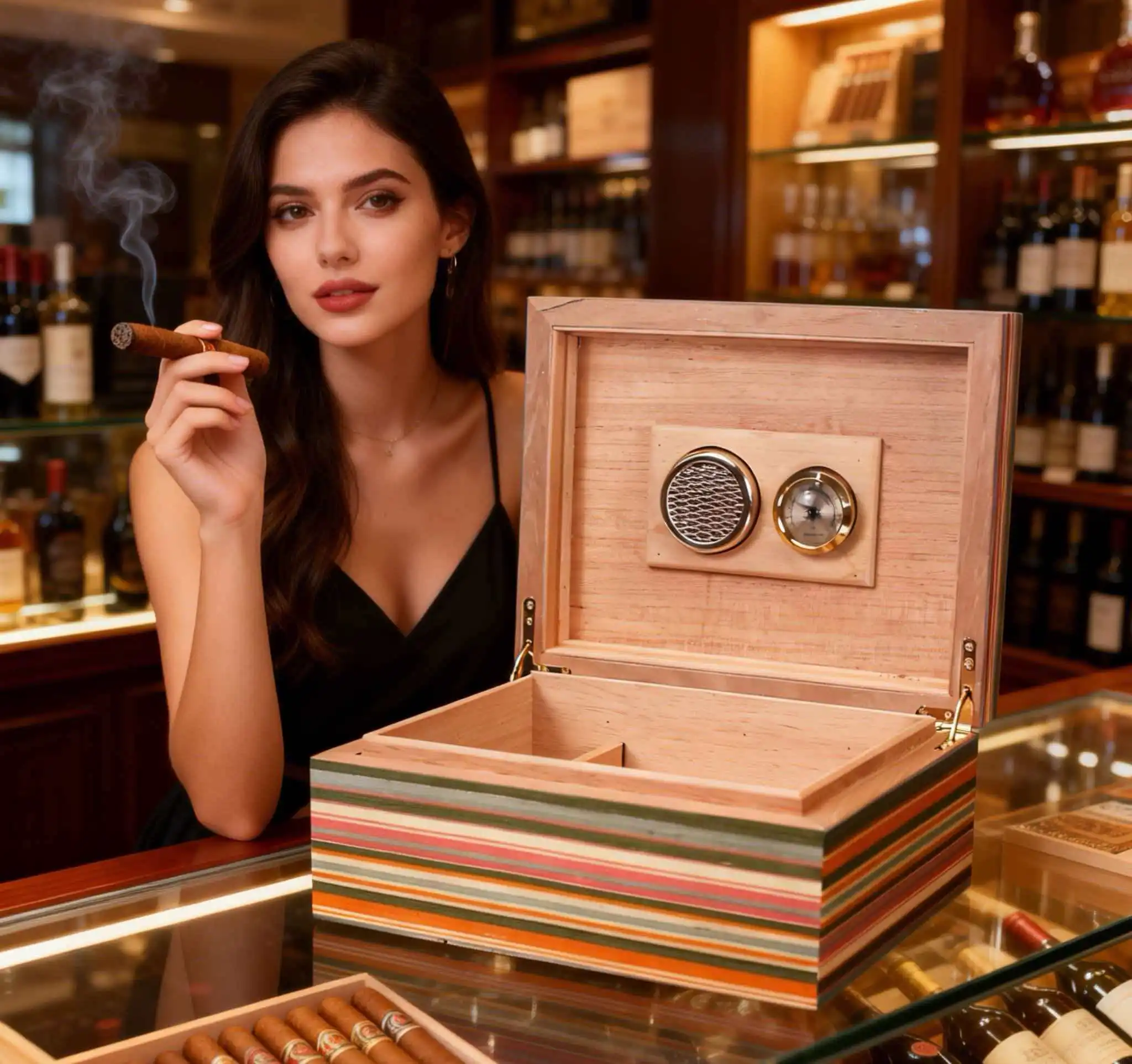 

Colorful Striped Cedar Wood Cuba Cigar Humidor Fashion Case with Solid Wood Grid - New