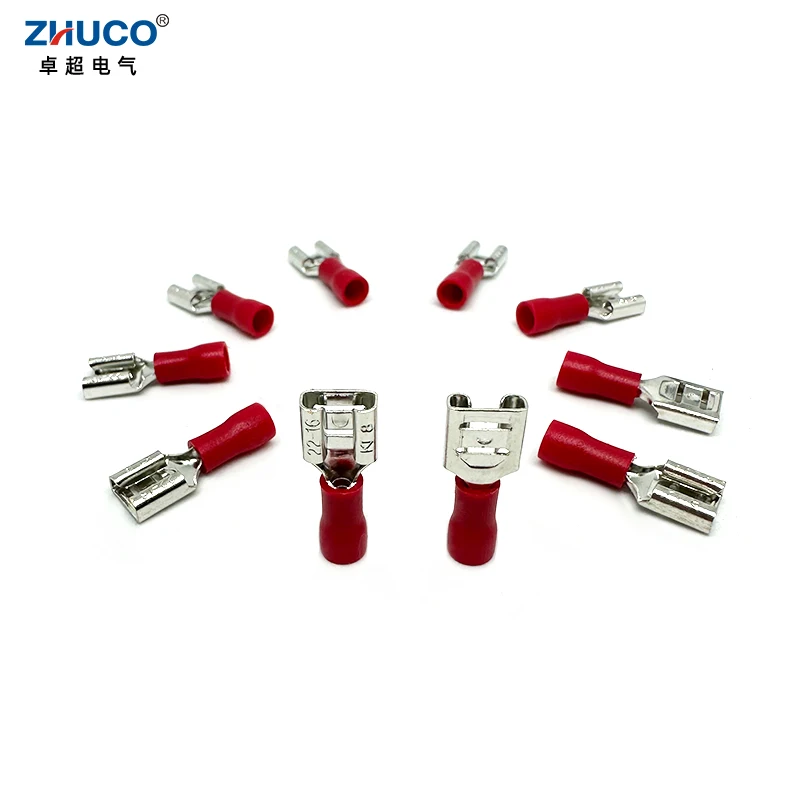 100pcs FDD1.25-250 6.35mm Red Insulated Electrical Brass Wire Connector Faston Cable Female Crimp Spade Terminal 22-16 AWG