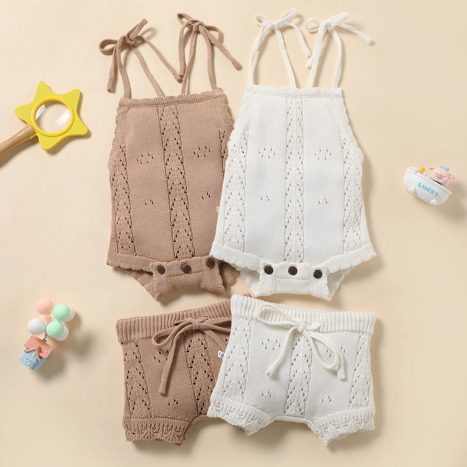 Beach Summer Clothes for Newborn Baby Girls Frilled Eyelet Knitted Jumpsuit+Pants Outfits 2pcs Sets