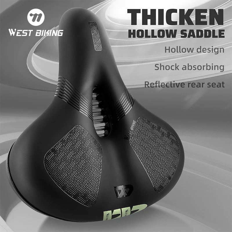 WEST BIKING Wide Soft Bicycle Saddle Hollow Shock Absorption MTB Bike Seat Breathable Reflective/Luminous Cycling Cushion