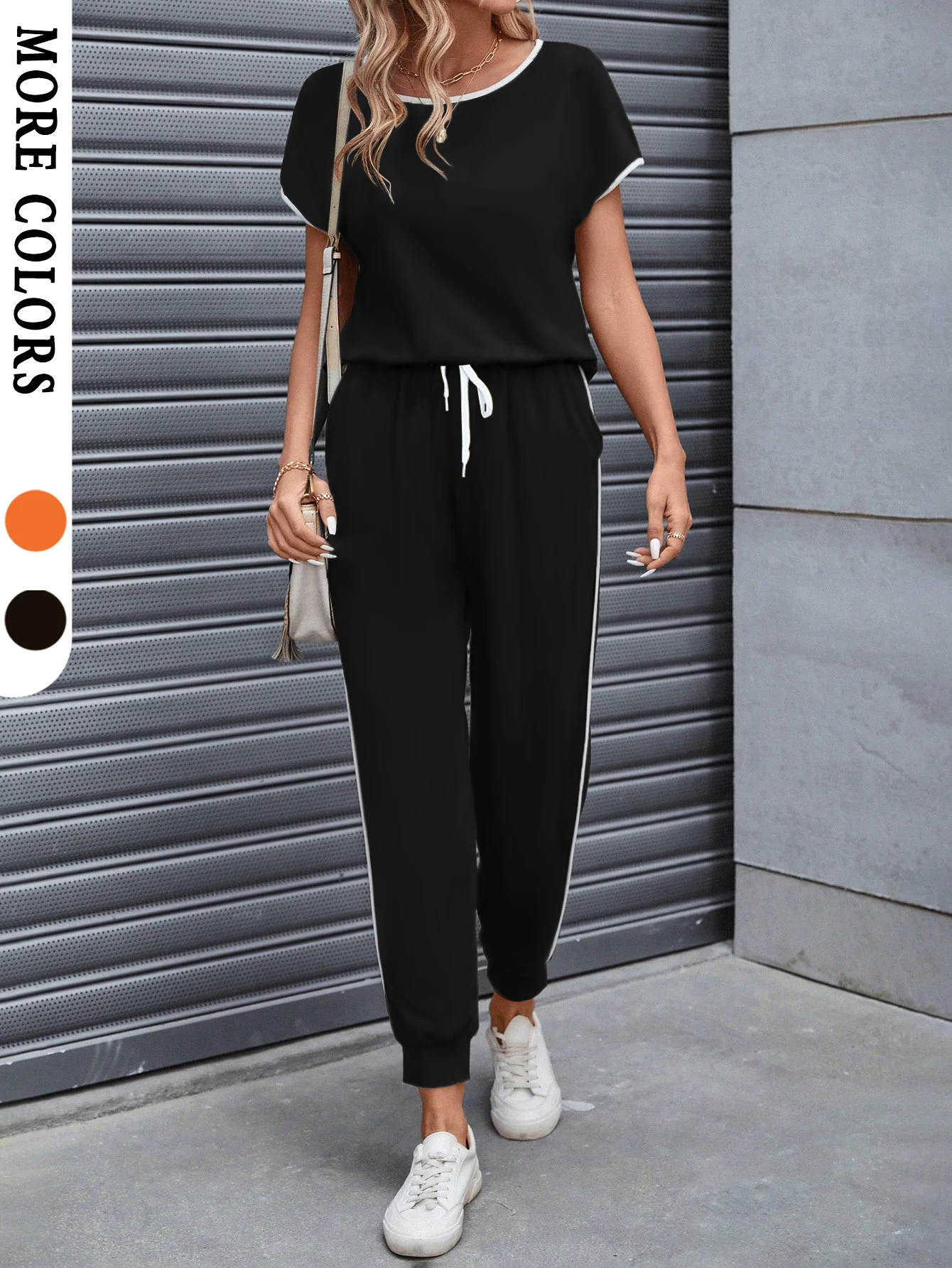 

Summer Women's Striped Two-Piece Set Elastic Waist Short Sleeve Long Pants Cuffed Pants Yoga Sportswear Outdoor Home Clothes