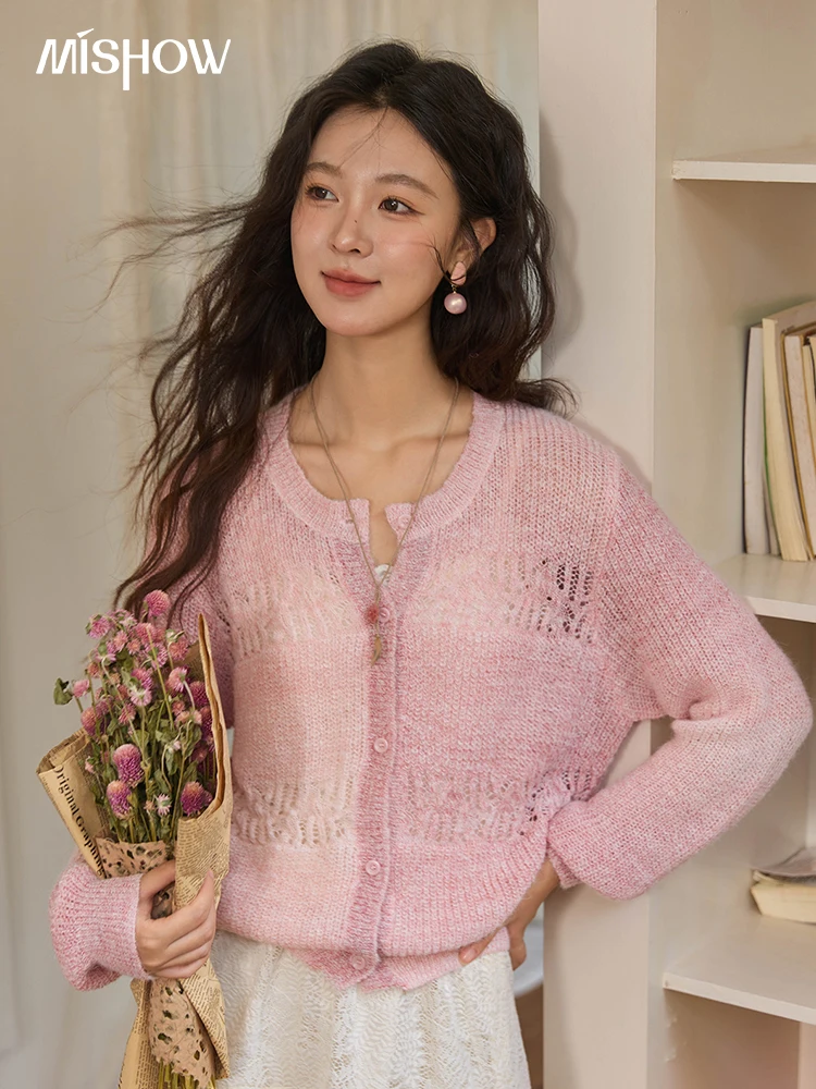 

MISHOW Women's Pink Mohair Cardigan 2025 Autumn French O-neck Loose Tops Single Breasted Hollow Out Knitted Cardigan MXE43Z1333