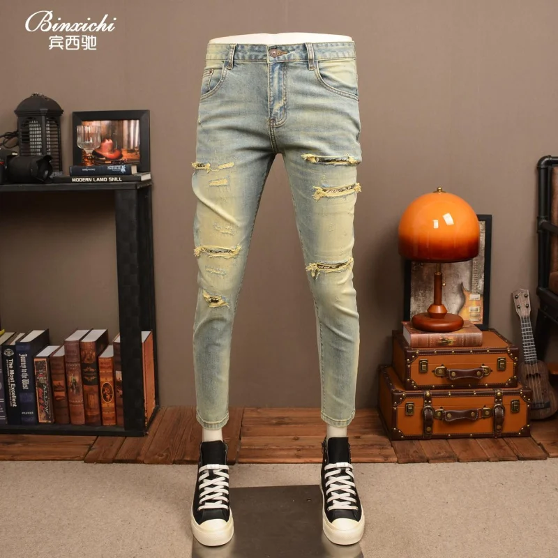 Lightweight denim pants for summer with a ripped and patched vintage design, slim fit that is soft and elastic, stylish casual l