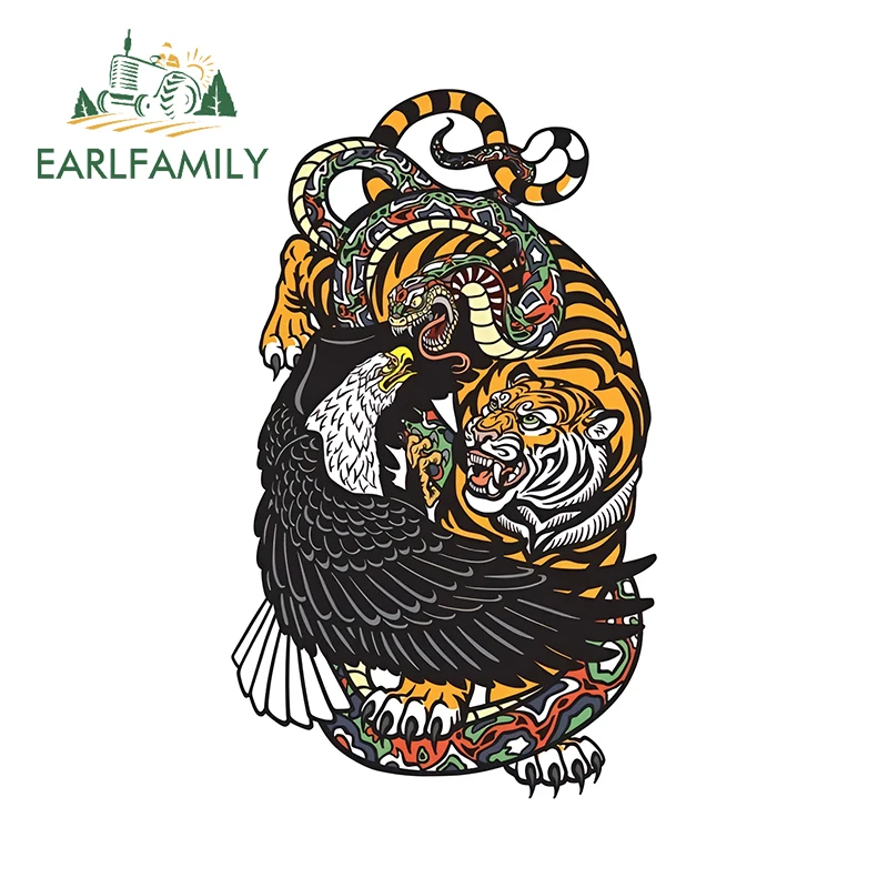 EARLFAMILY 13cm x 7.8cm Eagle Snake and Tiger Car Stickers Animal Fights Printing Bumper Decal Creative Air Conditioner Decor