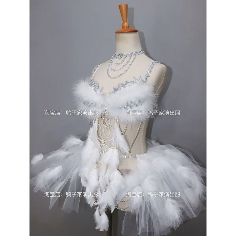 Customized Performance Outfit Super Beautiful White Feather Fairy Dress Jumping Dress Music Festival Bar GogoDs Dance Team