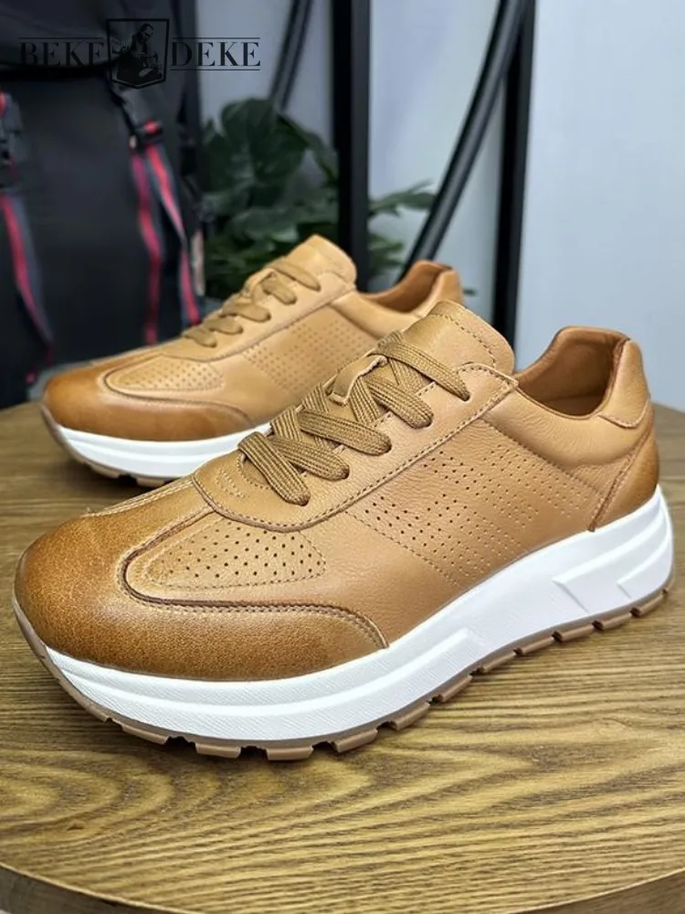 Fashion Trend Men Cowhide Round Toe Platform Breathable Hard Wearing Genuine Leather Hollow Out Solid Color Lace Up Casual Shoes