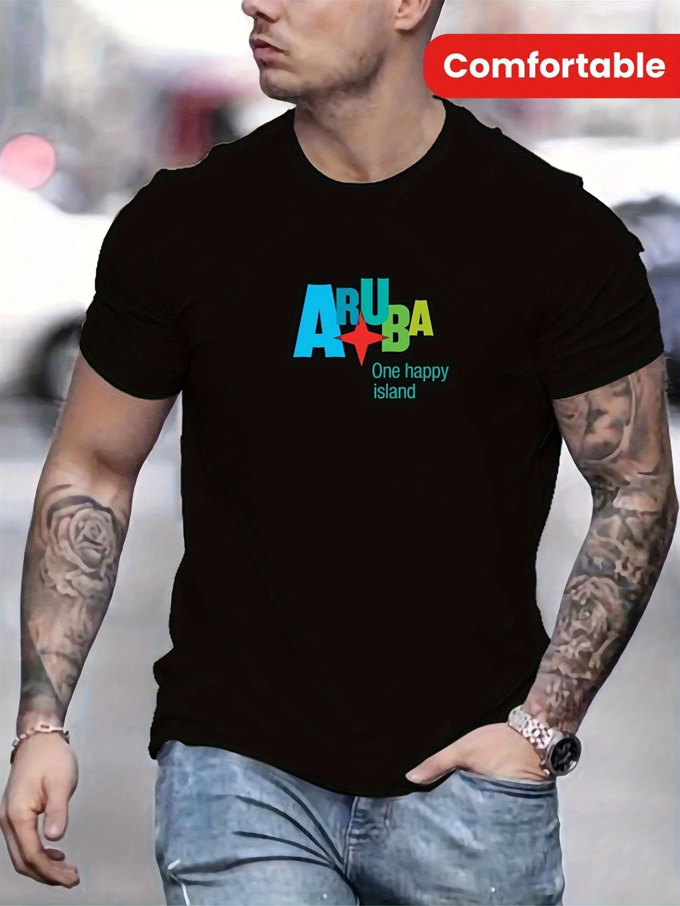 

Мужская футболка Aruba с круглым вырезом и графическим принтом Happy Island — черная, мягкая эластичная ткань, повседневная стандартная посадка