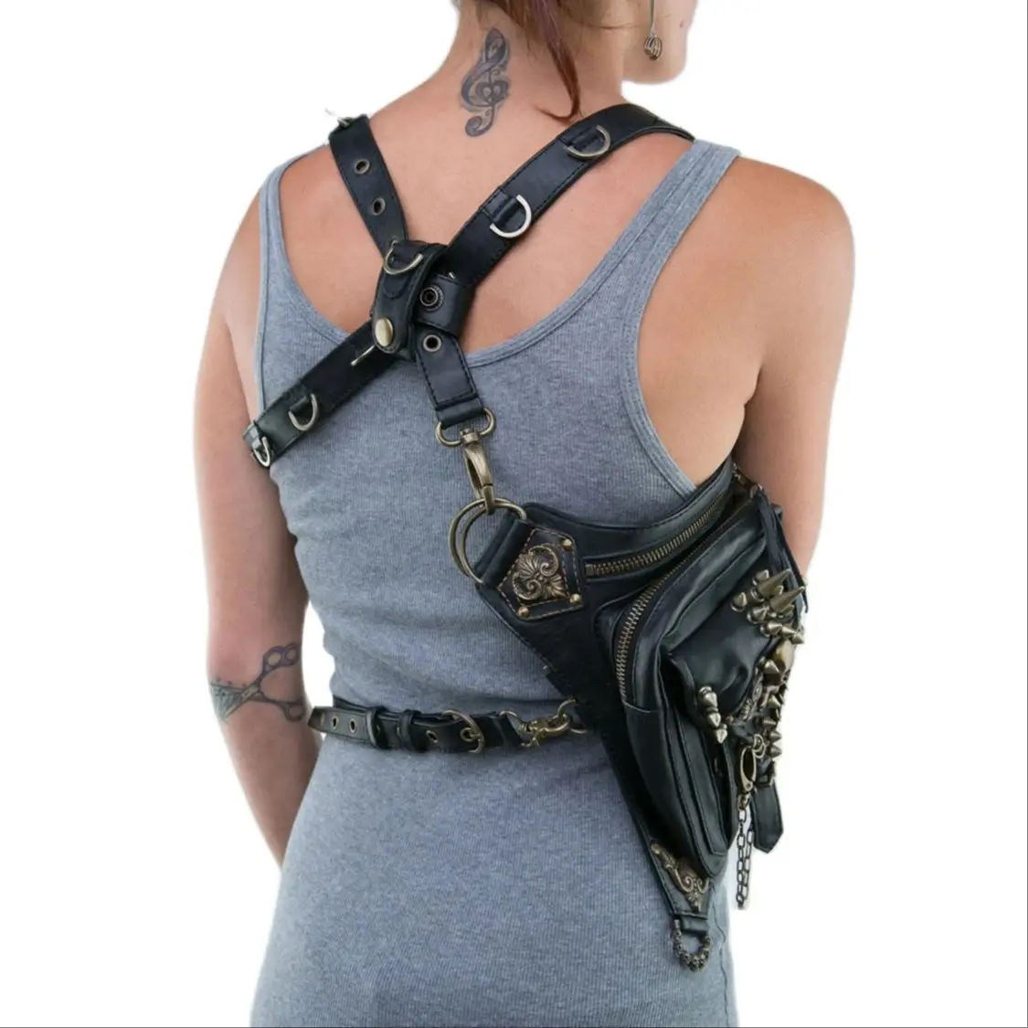 Cool Motorcycle Punk Waist Bag Waist Leg Hip Belt Messenger Shoulder Bag Mobile Phone Waist Bag Fanny Pack Pack for Women Gothic