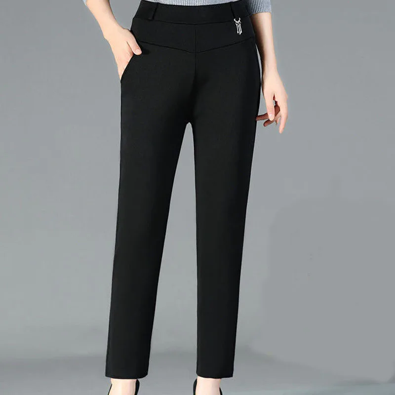 High Waist Trousers for Middle-aged Elderly Women Loose Straight Plus Size Three-dimensional Decoration Chain Black Ankle-length