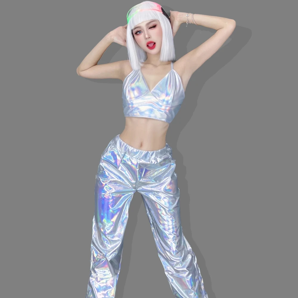 

Bars DS Performance Clothes New Female Sense Spice Girls Glossy Phantom Silver Laser Halter Top Long Pants Hip Hop Suit