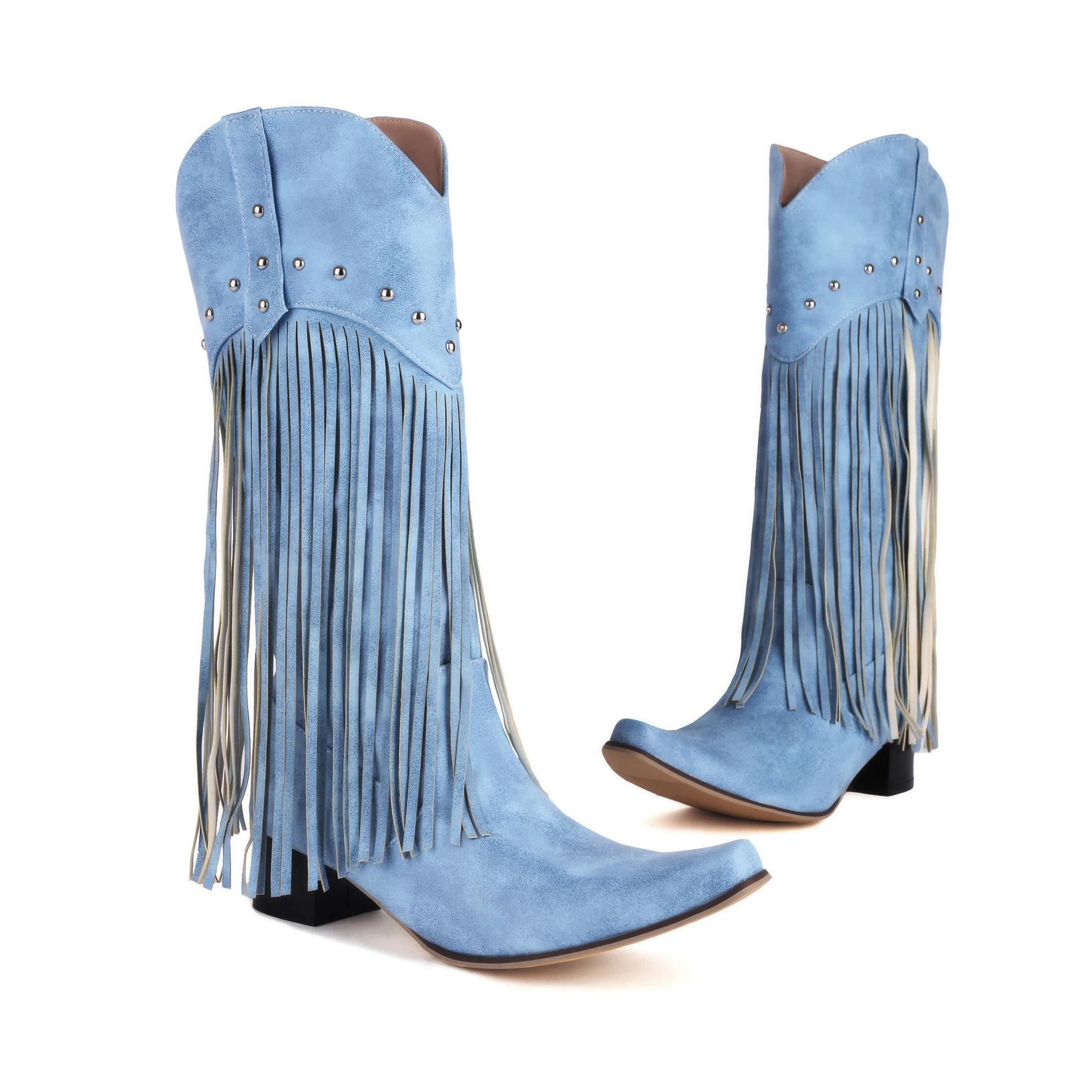 2024 Plus Size Rivet Slip-On Slim Fringed Women's Mid-Calf Boots With Thick Heels Matte Float Material Fashionable Western Boots