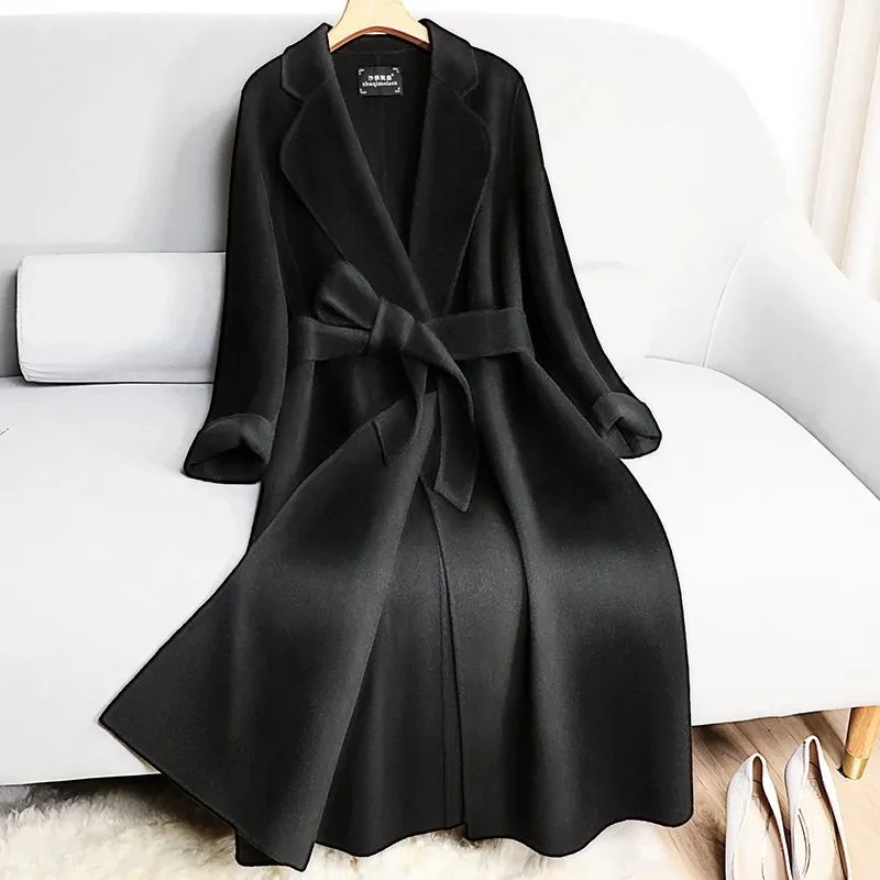 High end double-sided Woolen Coat Women's Suit collar Fashion Slim Temperament With belt Woolen Coats 2024 Autumn Winter New