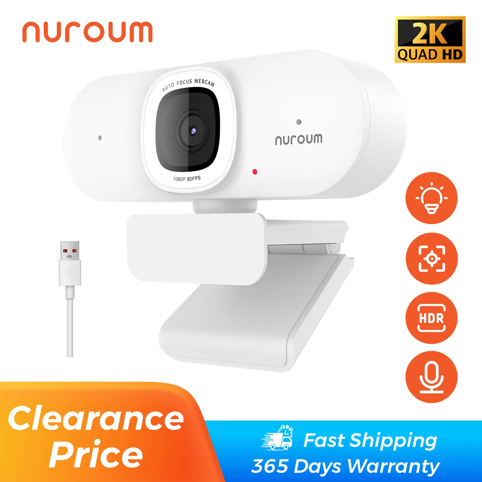 

NUROUM V15-AFL 2K Full Hd Webcam Auto Focus Ring Light Web Camera For Pc And Laptop